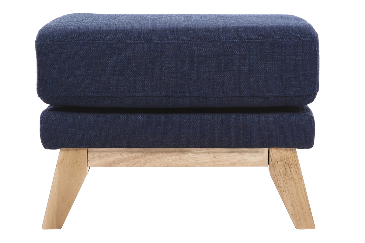 Pouf repose-pieds déhoussable scandinave en tissu bleu foncé et bois clair OSLO