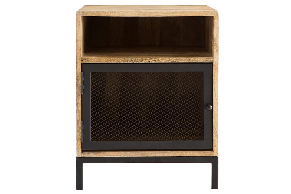 Table de chevet avec rangements industriel bois manguier massif et métal perforé RACK