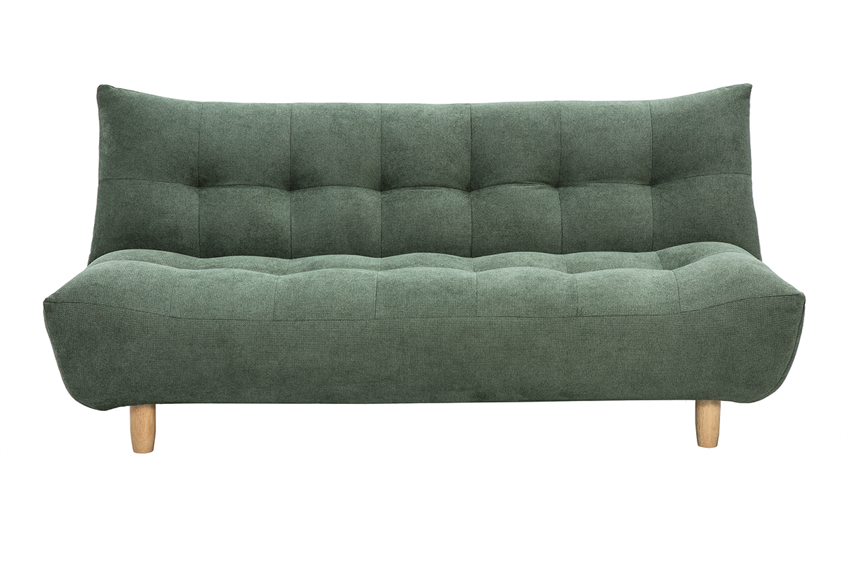 Divano letto scandinavo 3 posti in tessuto di ciniglia verde kaki e legno chiaro YUMI