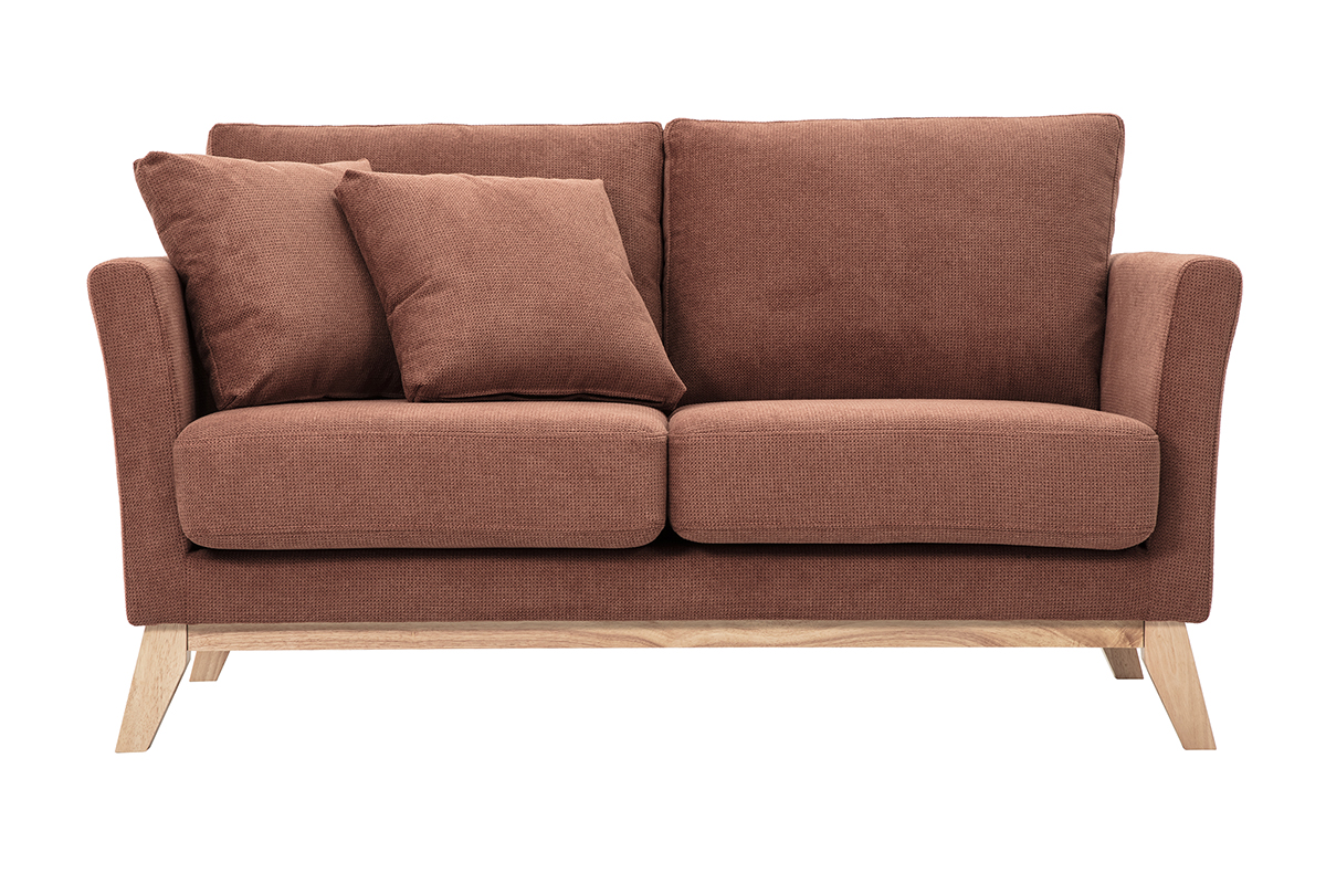 Canapé scandinave déhoussable 2 places en tissu chenille terre brûlée et bois clair OSLO