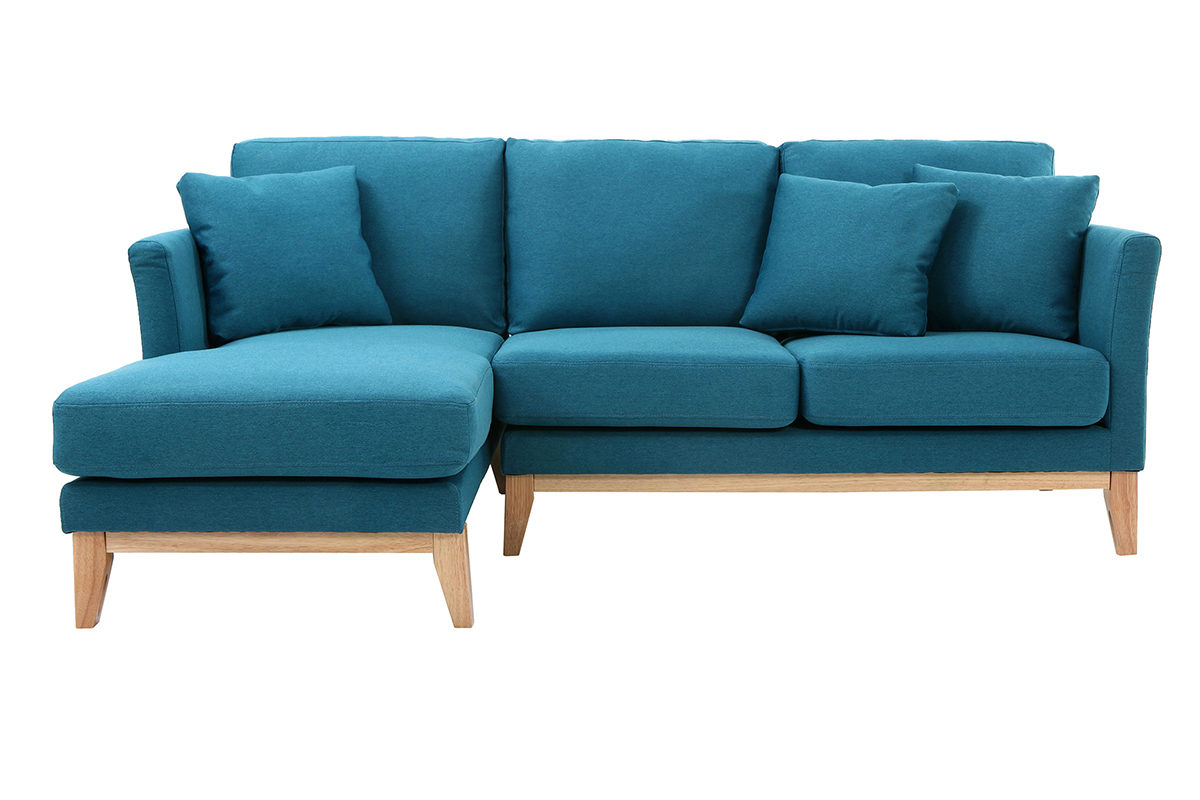 Canapé d'angle gauche scandinave bleu canard déhoussable et bois clair 3-4 places OSLO