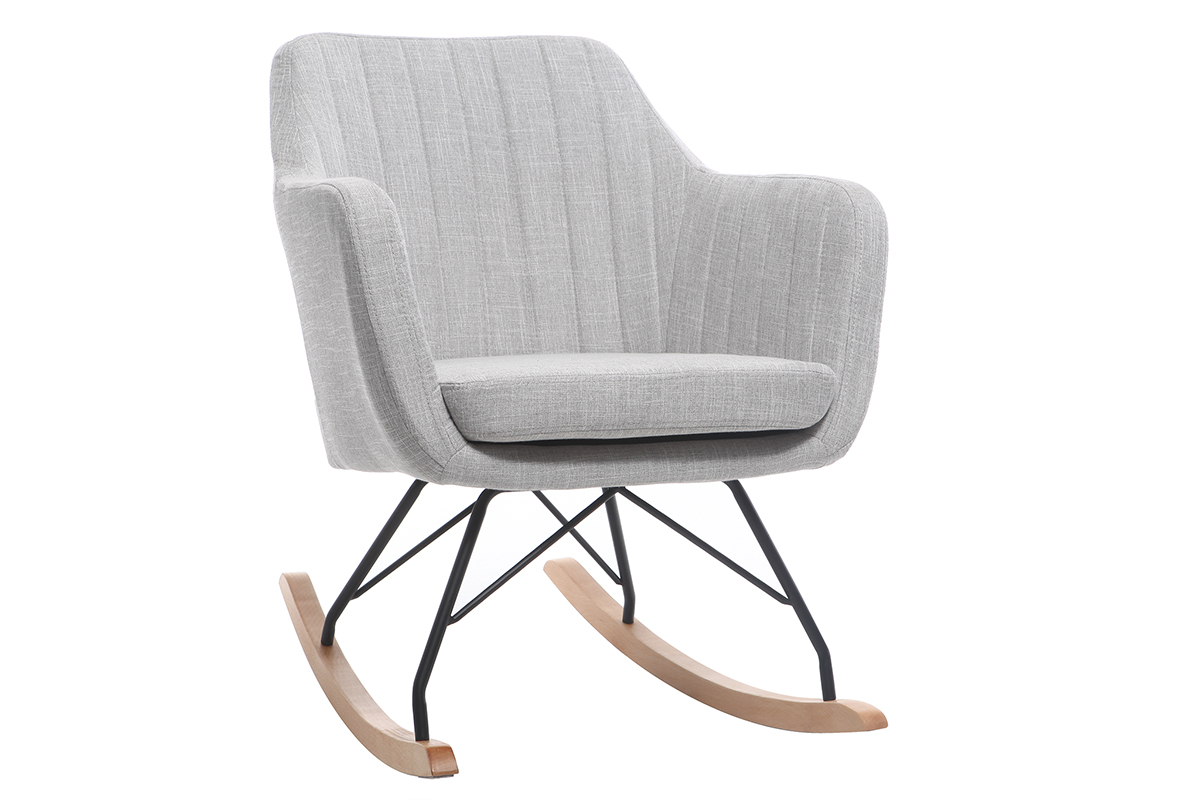 Rocking chair scandinave en tissu gris clair, métal noir et bois clair ALEYNA