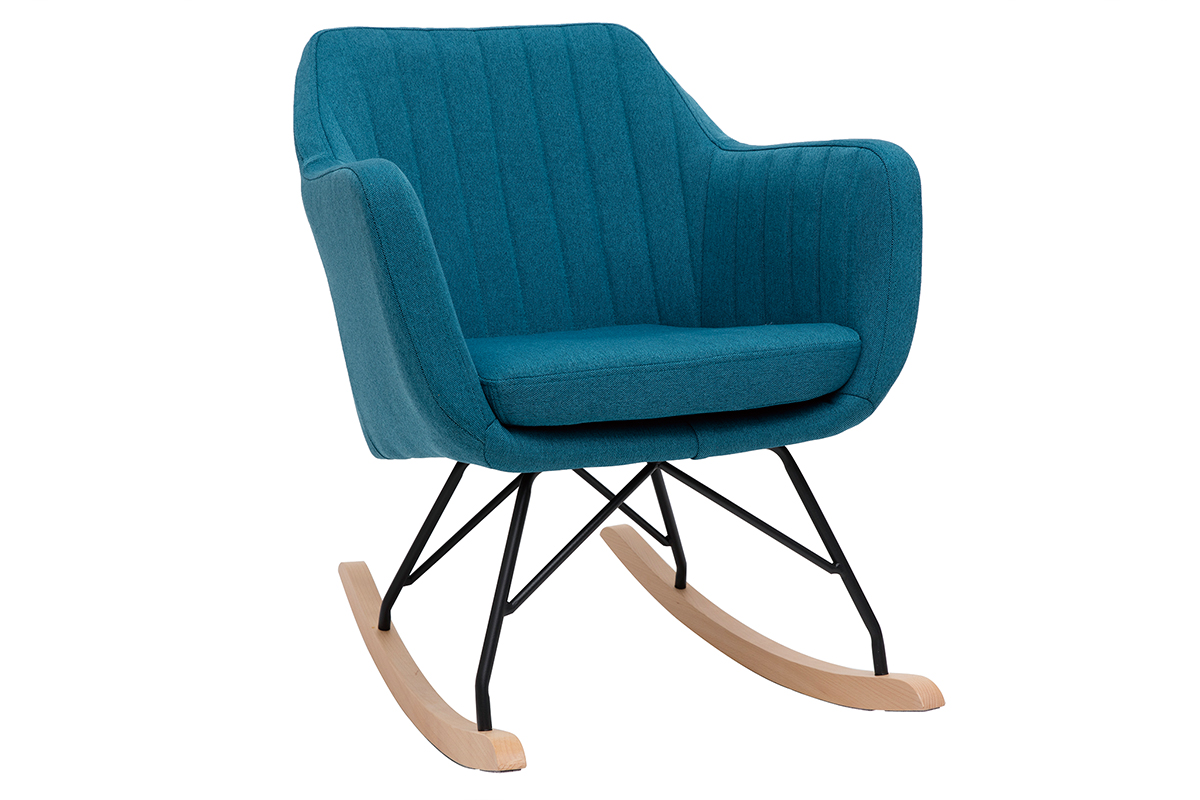 Rocking chair scandinave en tissu bleu canard, métal noir et bois clair ALEYNA