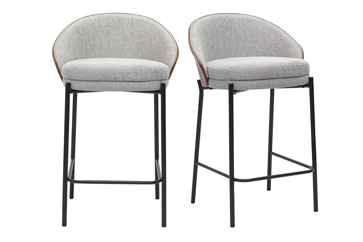 Tabourets de bar en tissu effet velours texturé gris, bois foncé et métal H65 cm (lot de 2) TUCSON