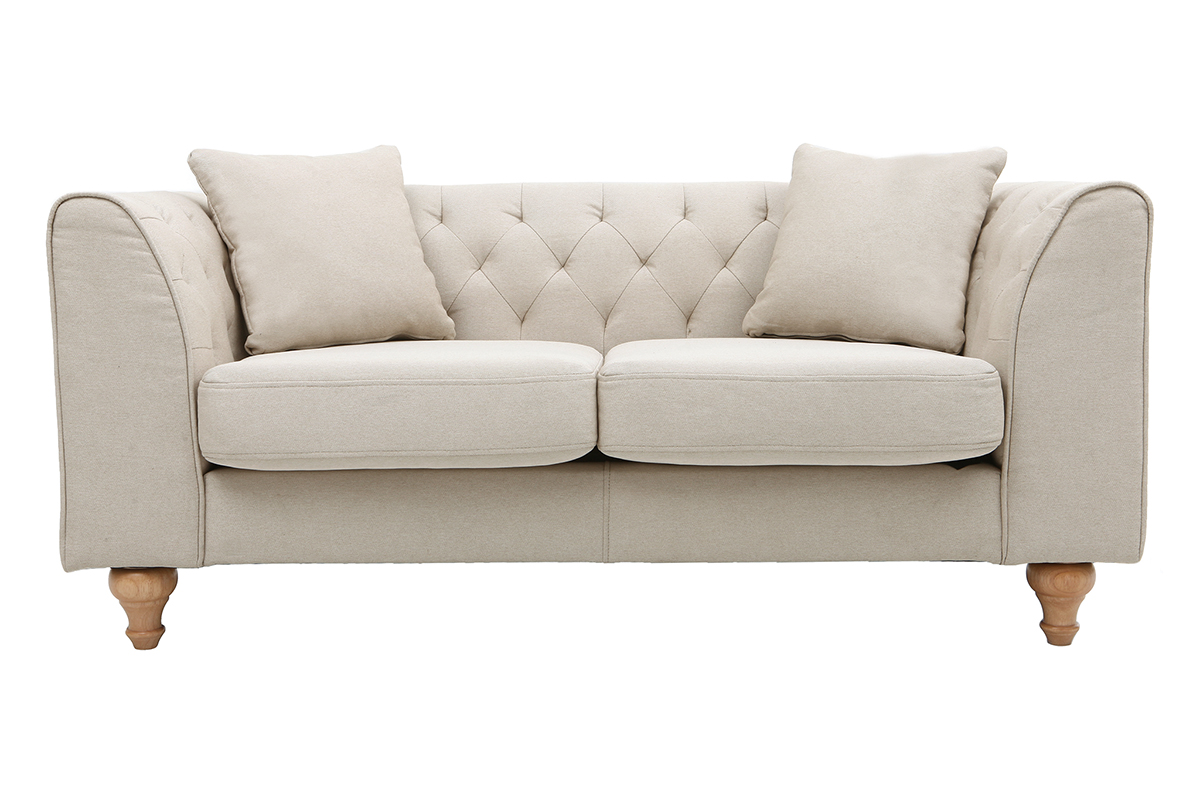 Canapé 2 places capitonné en tissu beige et bois clair MONTAIGNE