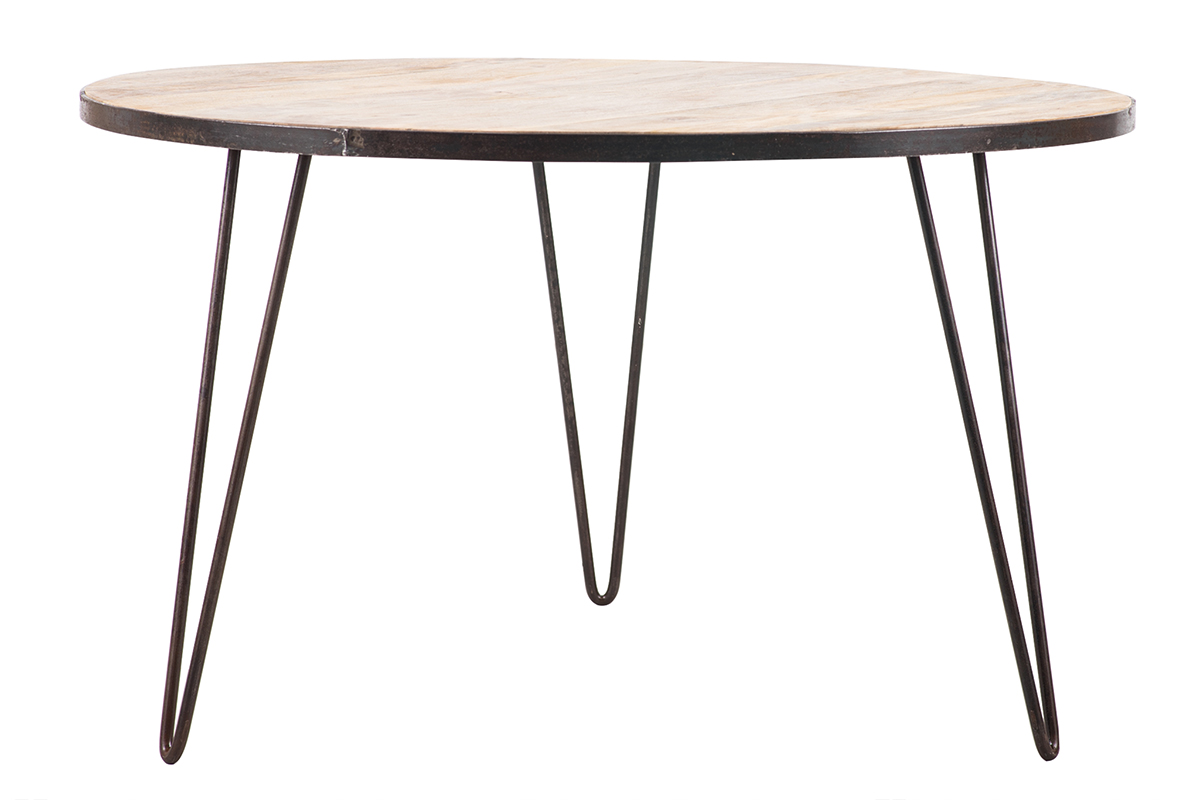 Table à manger ronde industrielle bois manguier massif et métal D125 cm ATELIER