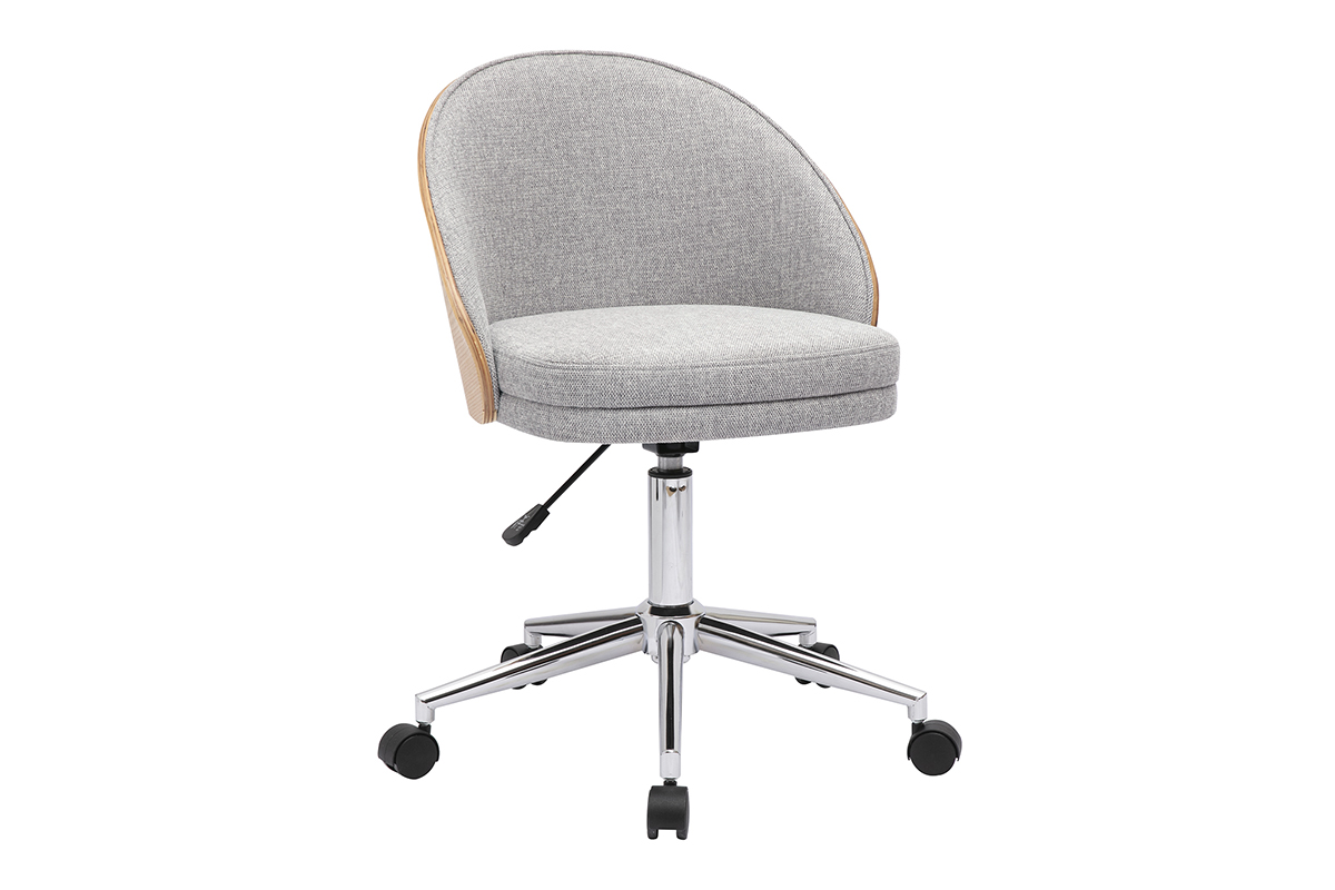Silla de oficina con ruedas en tela efecto terciopelo texturizado gris, madera clara y metal cromado TUCSON