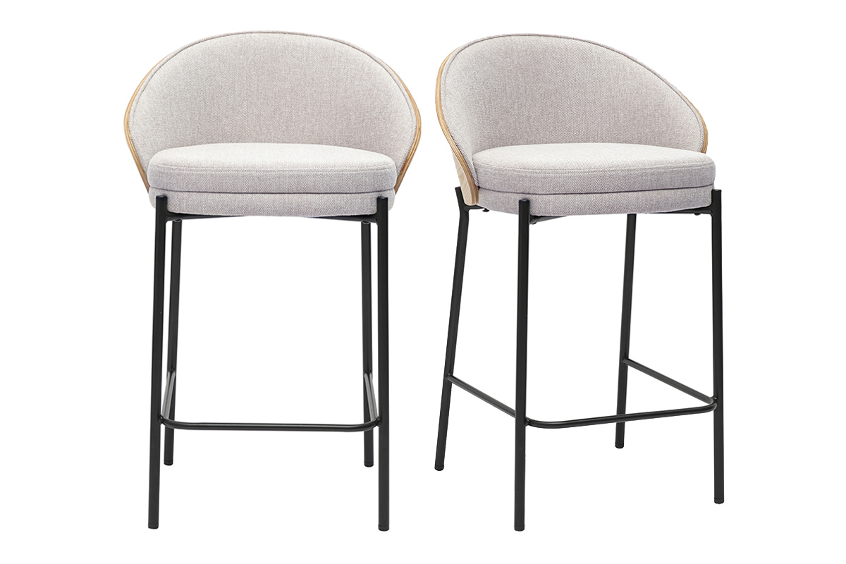 Tabourets de bar en tissu effet velours texturé beige, bois foncé et métal H65 cm (lot de 2) TUCSON