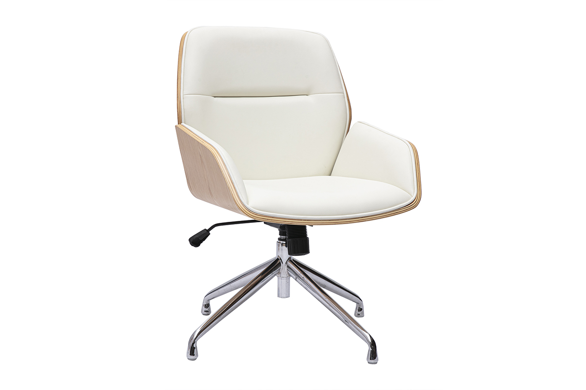 Chaise de bureau design pivotante 360° blanche, bois clair et métal chromé MARLOW
