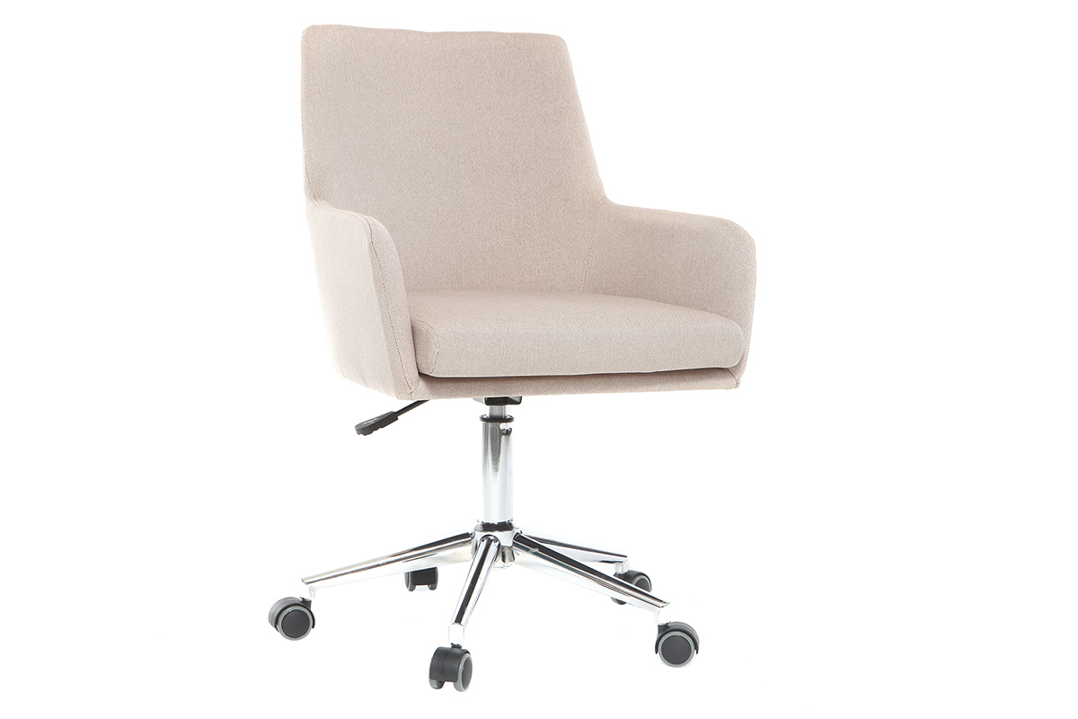 Chaise de bureau à roulettes en tissu beige et acier chromé SHANA