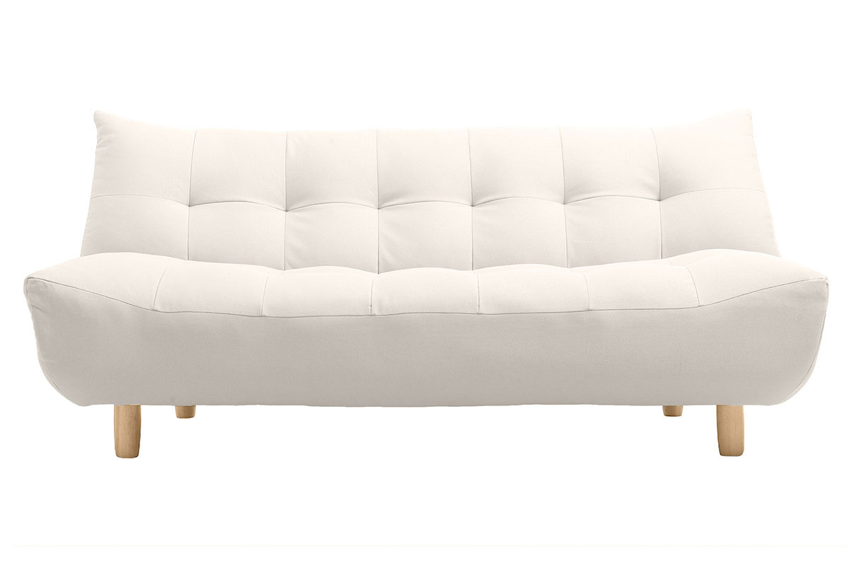 Canapé convertible scandinave 3 places en tissu beige et bois clair YUMI