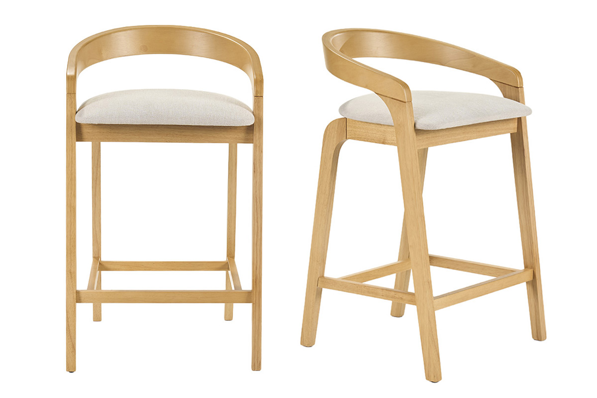 Taburetes de bar de tela efecto terciopelo texturizado beige y madera clara H68 cm (lote de 2) PULSO