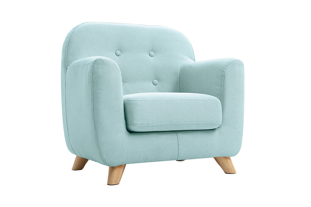 Fauteuil enfant scandinave en tissu menthe à l'eau et bois clair NORKID