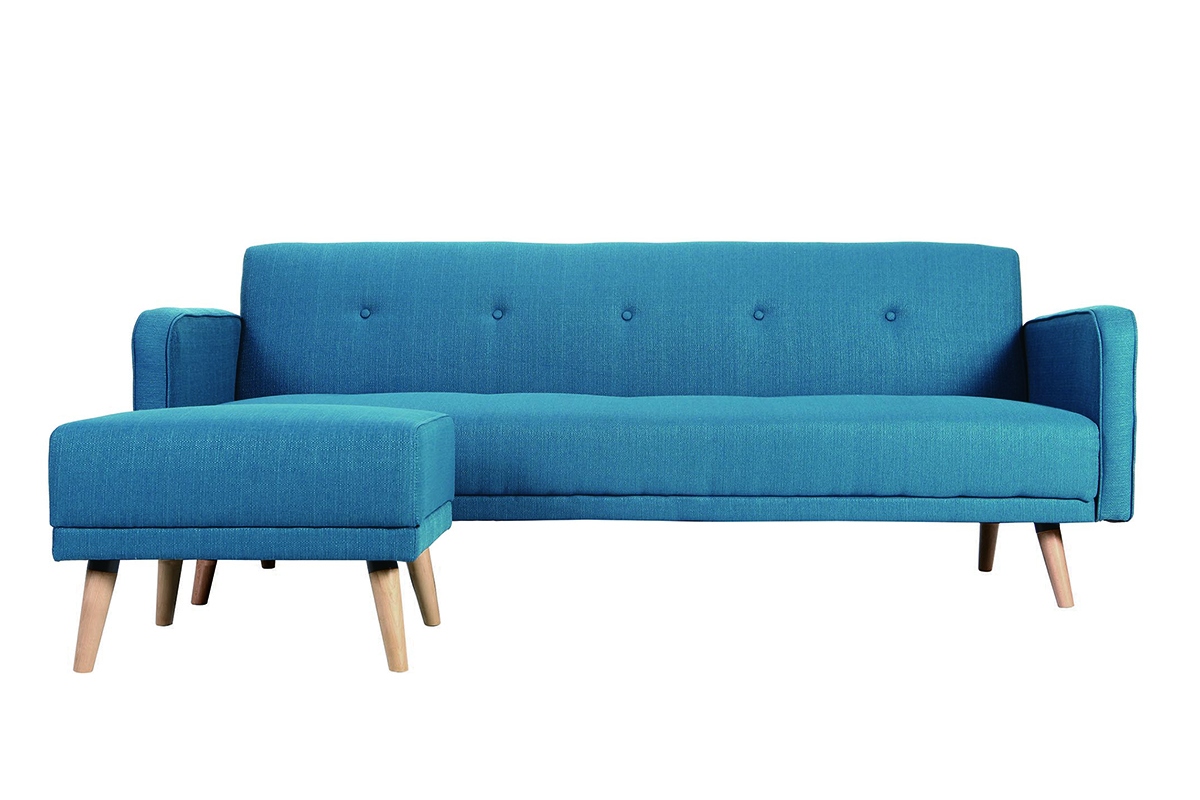Canapé convertible scandinave 3 places avec repose-pieds en tissu bleu canard et bois clair ULLA