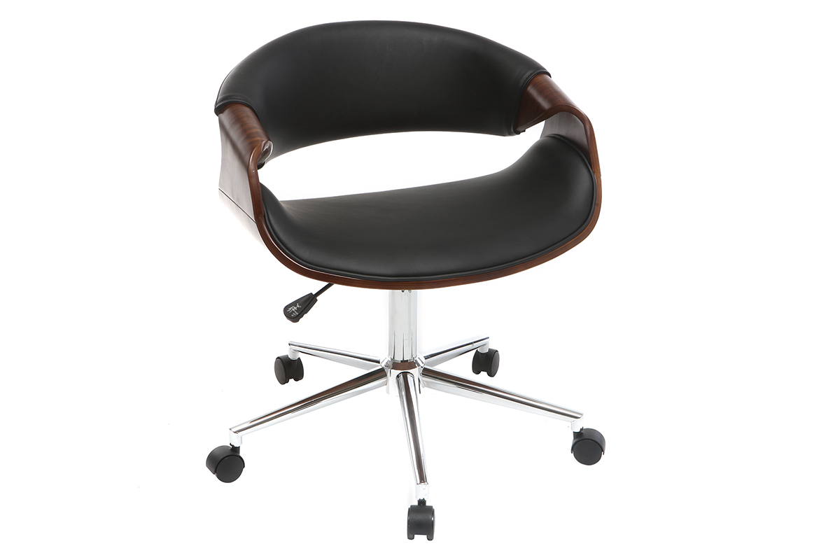 Chaise de bureau à roulettes design noir bois foncé noyer et acier chromé ARAMIS
