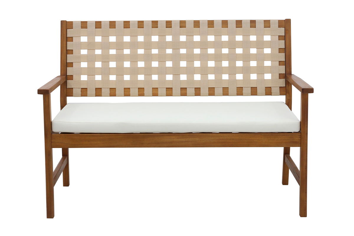Banc de jardin en bois massif 2 places avec coussin blanc et sangles L114 cm SANTANA