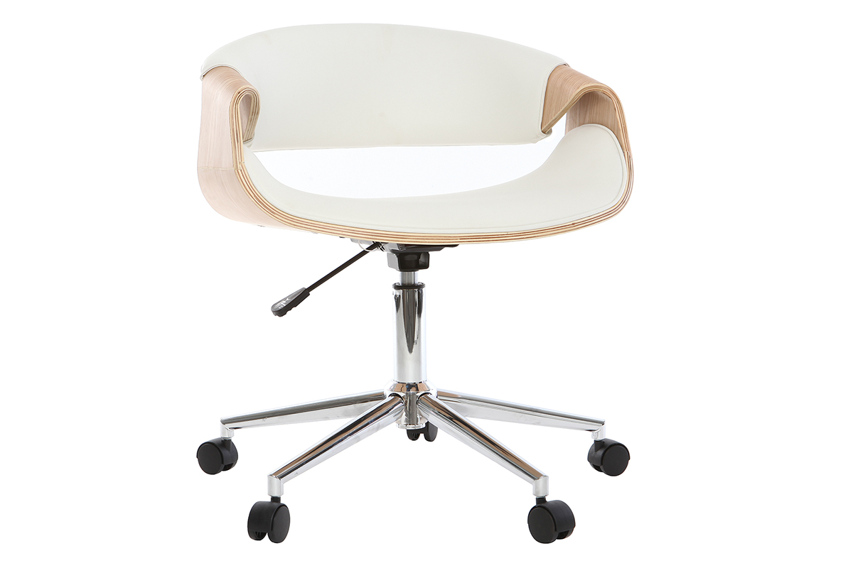 Chaise de bureau à roulettes design blanc, bois clair et acier chromé ARAMIS