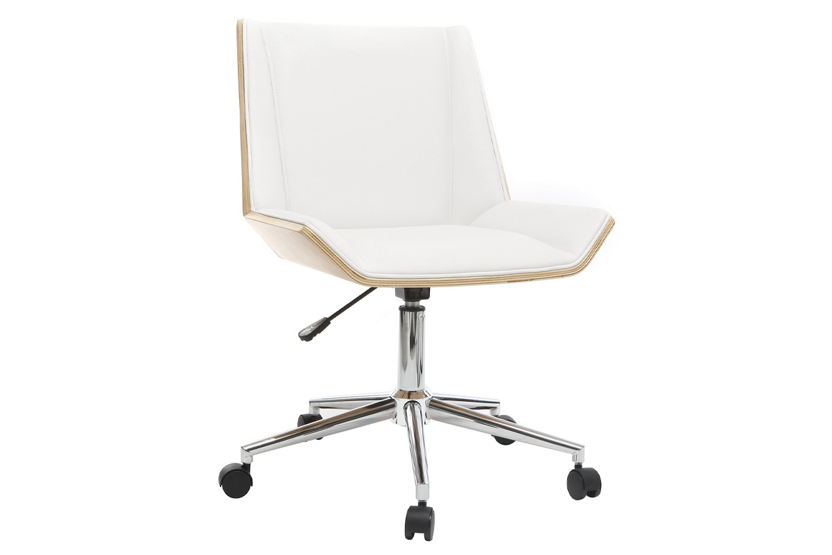 Chaise de bureau à roulettes design blanc, bois clair et acier chromé MELKIOR