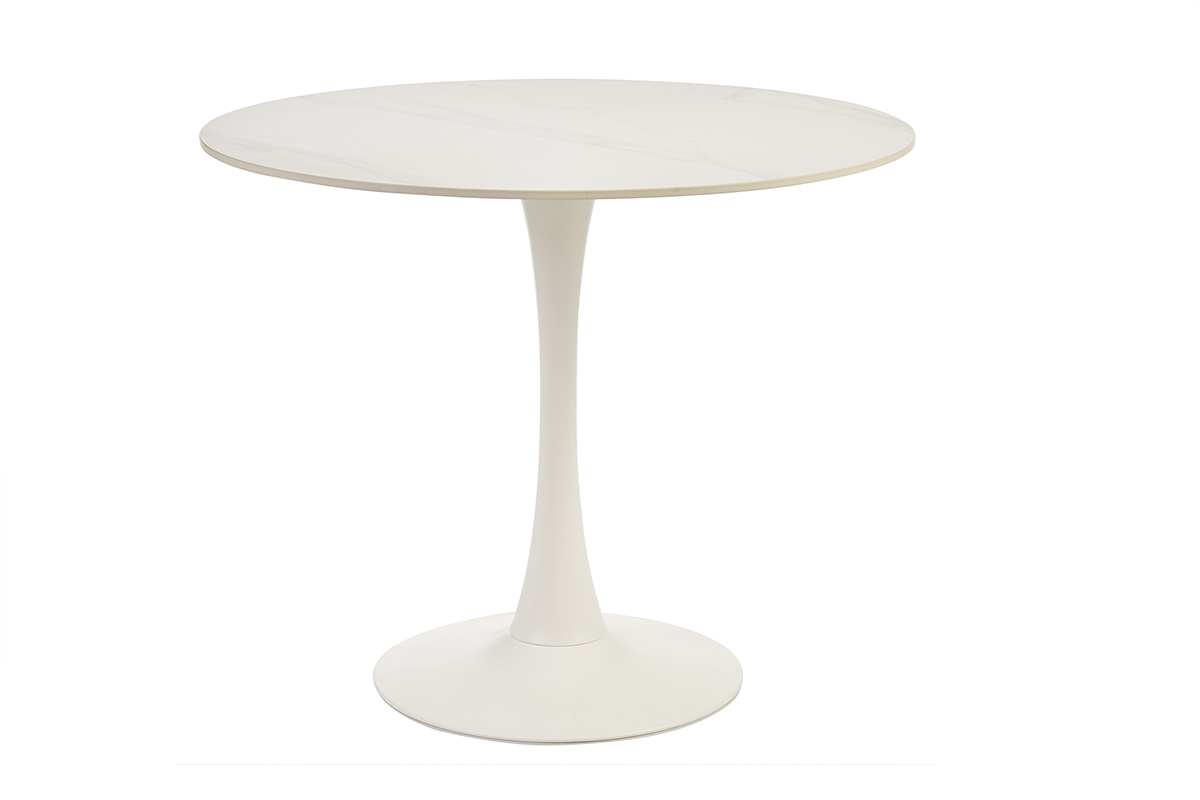 Table à manger design ronde en céramique blanche et métal D90 cm MALOU