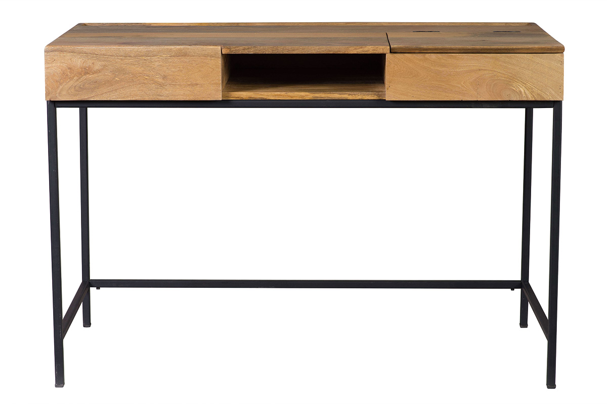 Bureau à rangements industriel bois manguier massif et métal noir L118 cm YPSTER