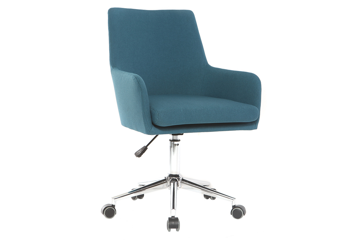 Chaise de bureau à roulettes en tissu bleu canard et acier chromé SHANA