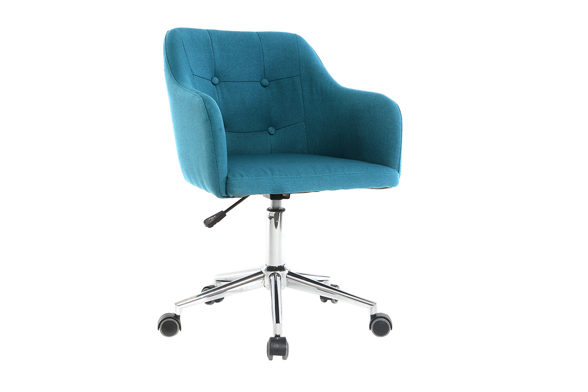 Chaise de bureau à roulettes capitonnée en tissu bleu canard et acier chromé BALTIK