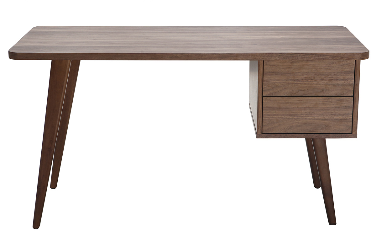 Bureau avec rangements 2 tiroirs bois foncé noyer L140 cm FIFTIES