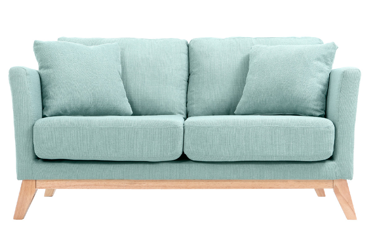 Canapé scandinave déhoussable 2 places en tissu vert lagon et bois clair OSLO
