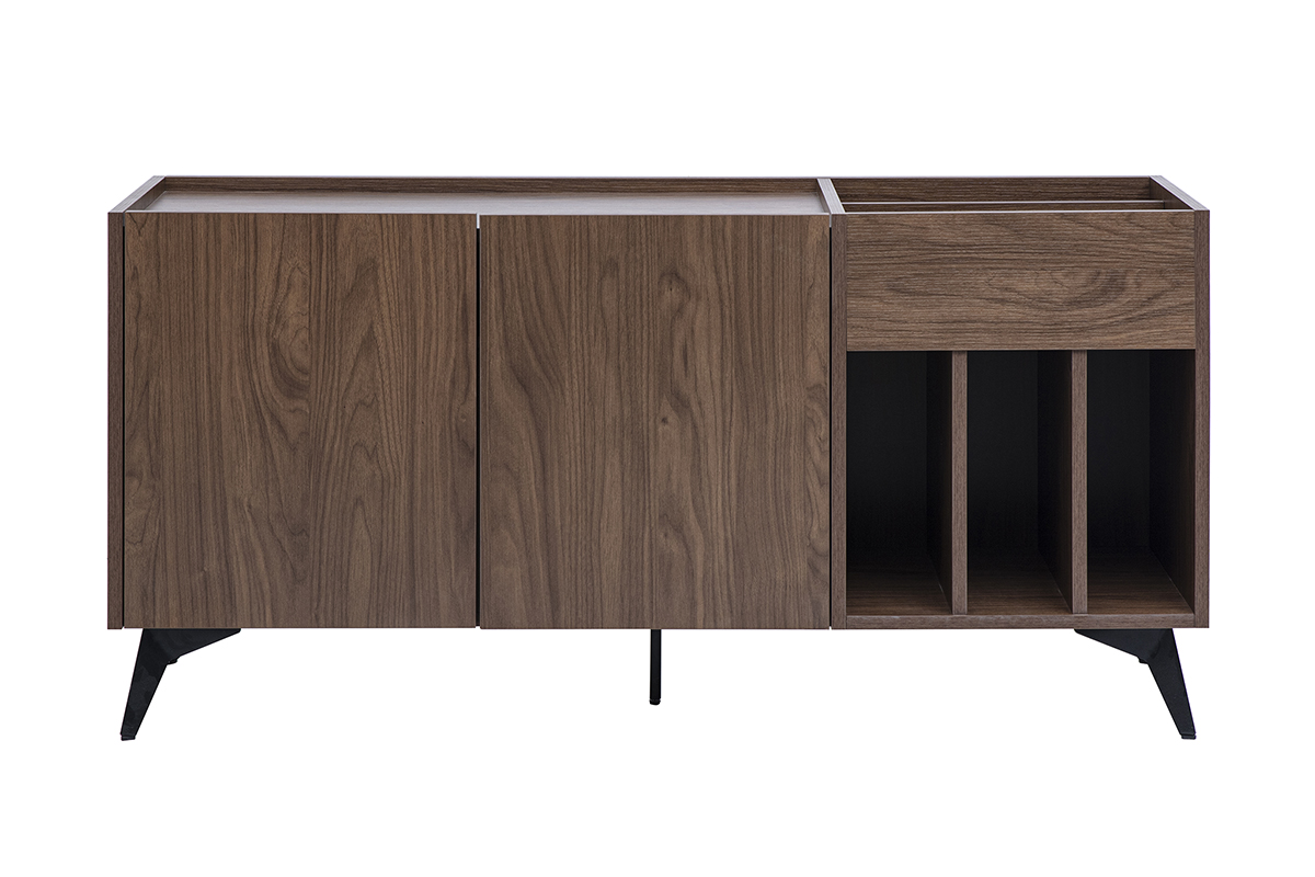 Buffet de rangement vinyles en bois foncé finiton noyer et métal noir L140 cm SEDA
