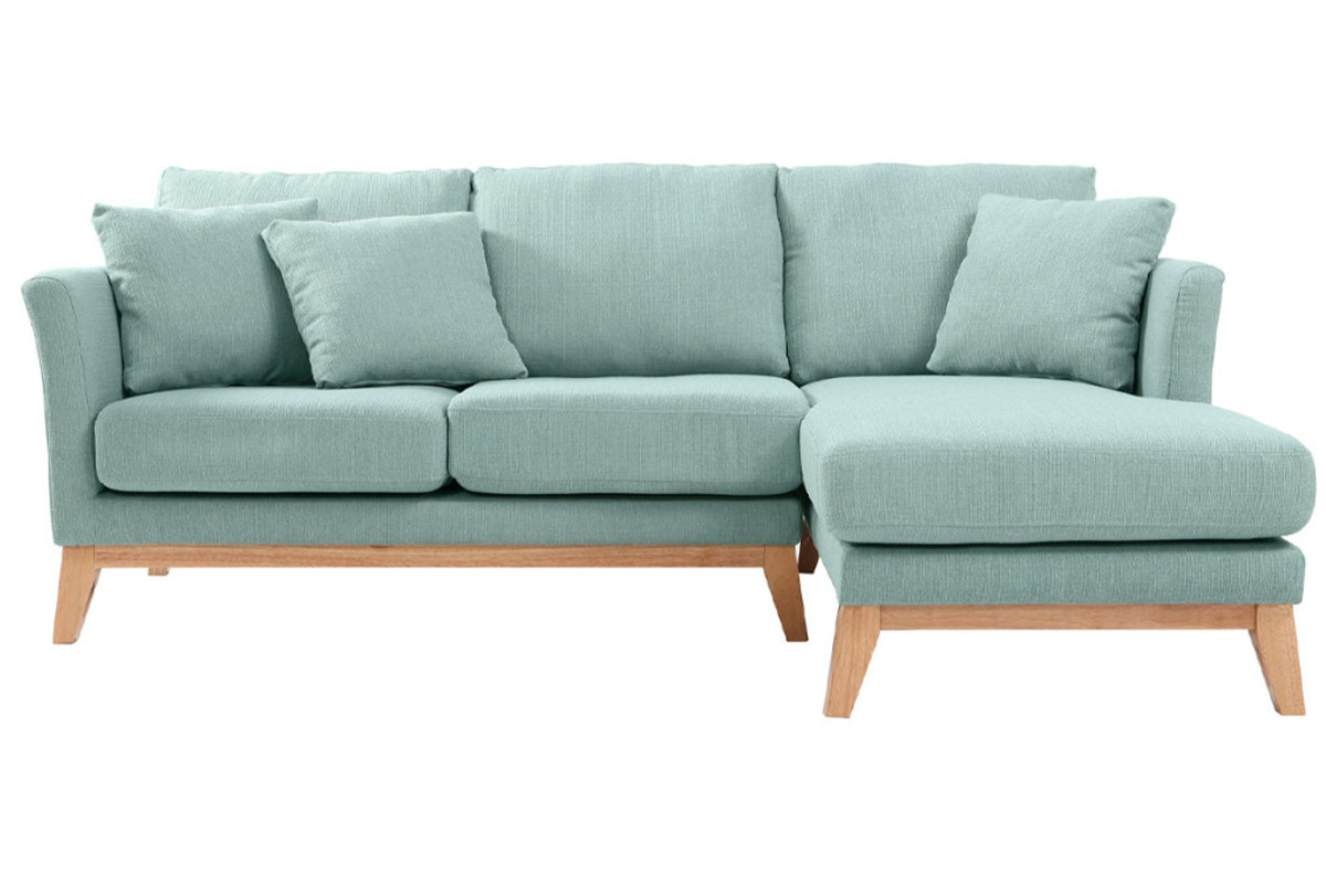 Canapé d'angle droit déhoussable scandinave 4 places en tissu vert lagon et bois clair OSLO