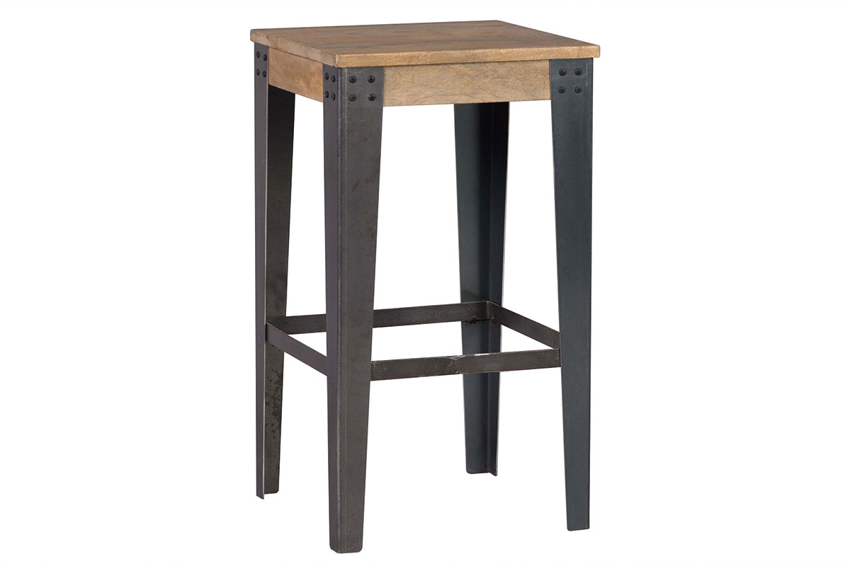 Tabouret de bar industriel métal et bois manguier massif H65 cm MADISON