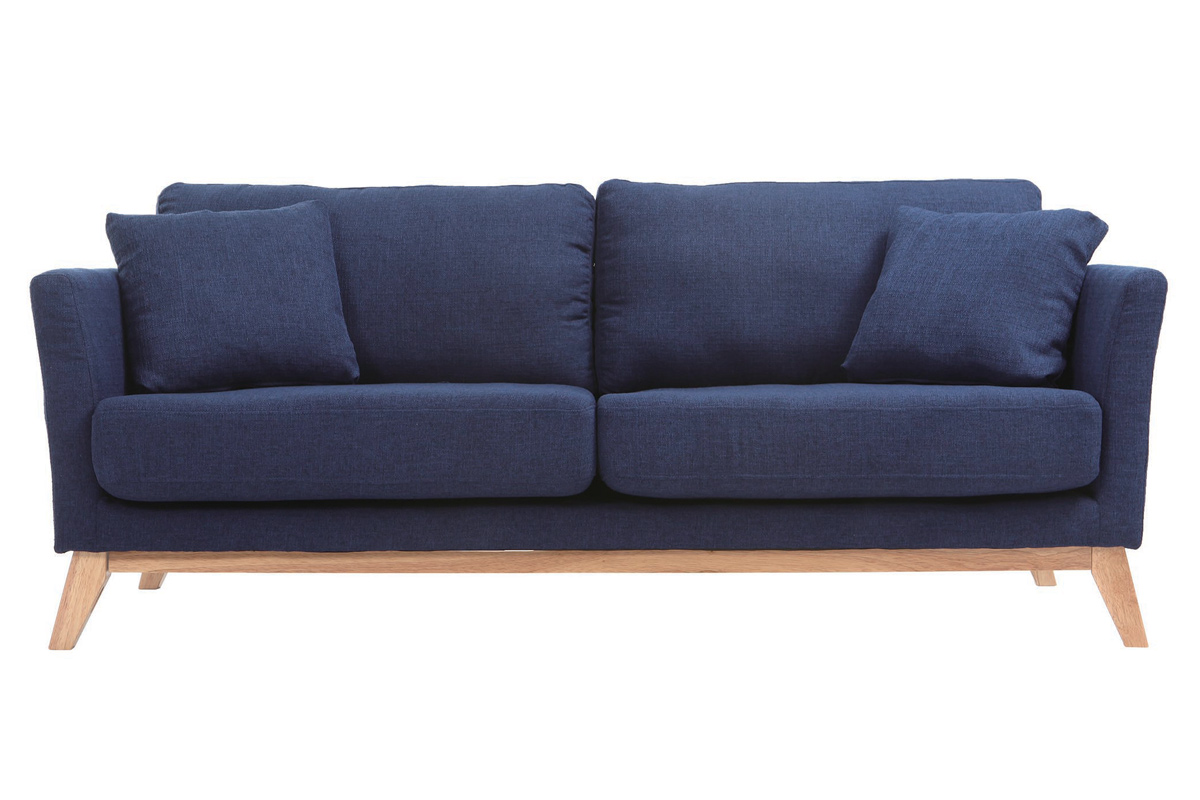 Canapé scandinave déhoussable 3 places en tissu bleu foncé et bois clair OSLO