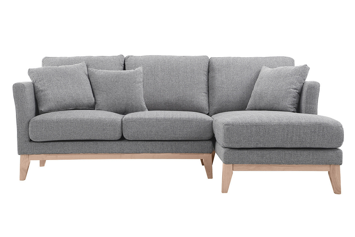 Canapé d'angle droit déhoussable scandinave 4 places en tissu gris clair et bois clair OSLO