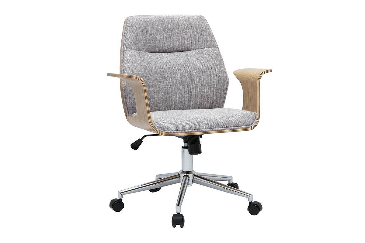 Chaise de bureau à roulettes design en tissu effet velours texturé gris, bois clair et acier chromé RUFIN