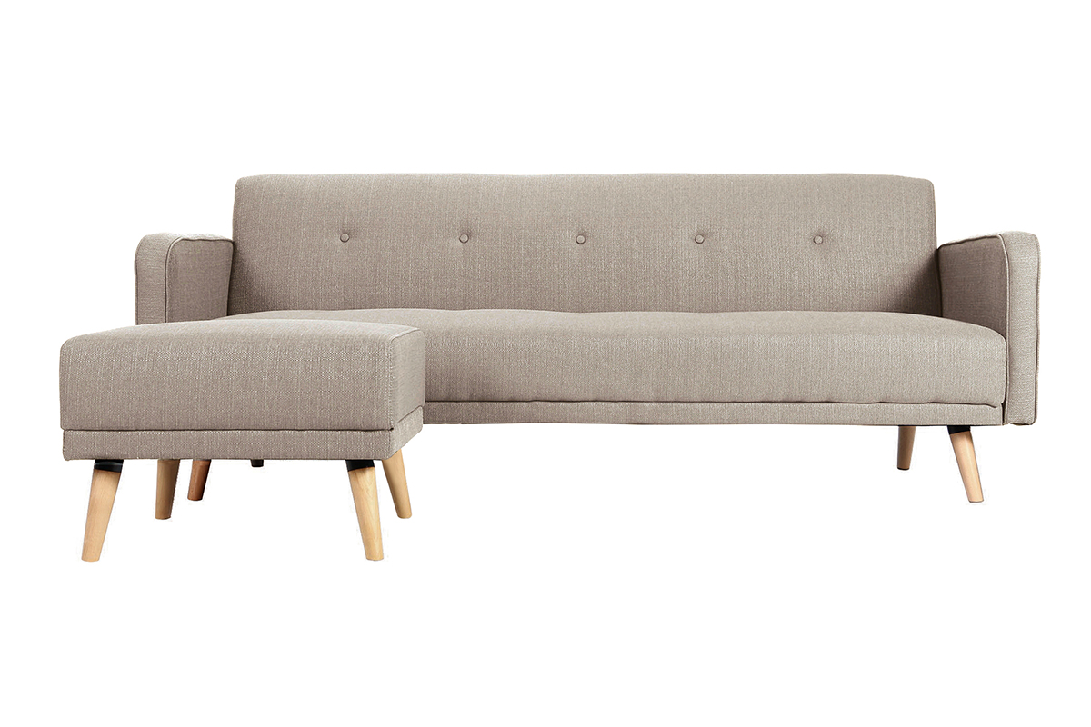 Canapé convertible scandinave 3 places avec repose-pieds en tissu beige et bois clair ULLA