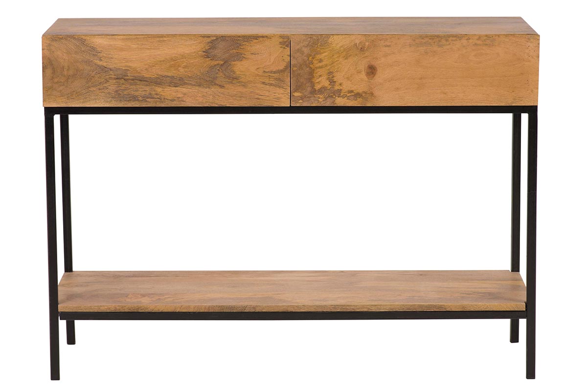 Console industrielle avec rangements 2 tiroirs en bois manguier massif et métal noir L110 cm YPSTER