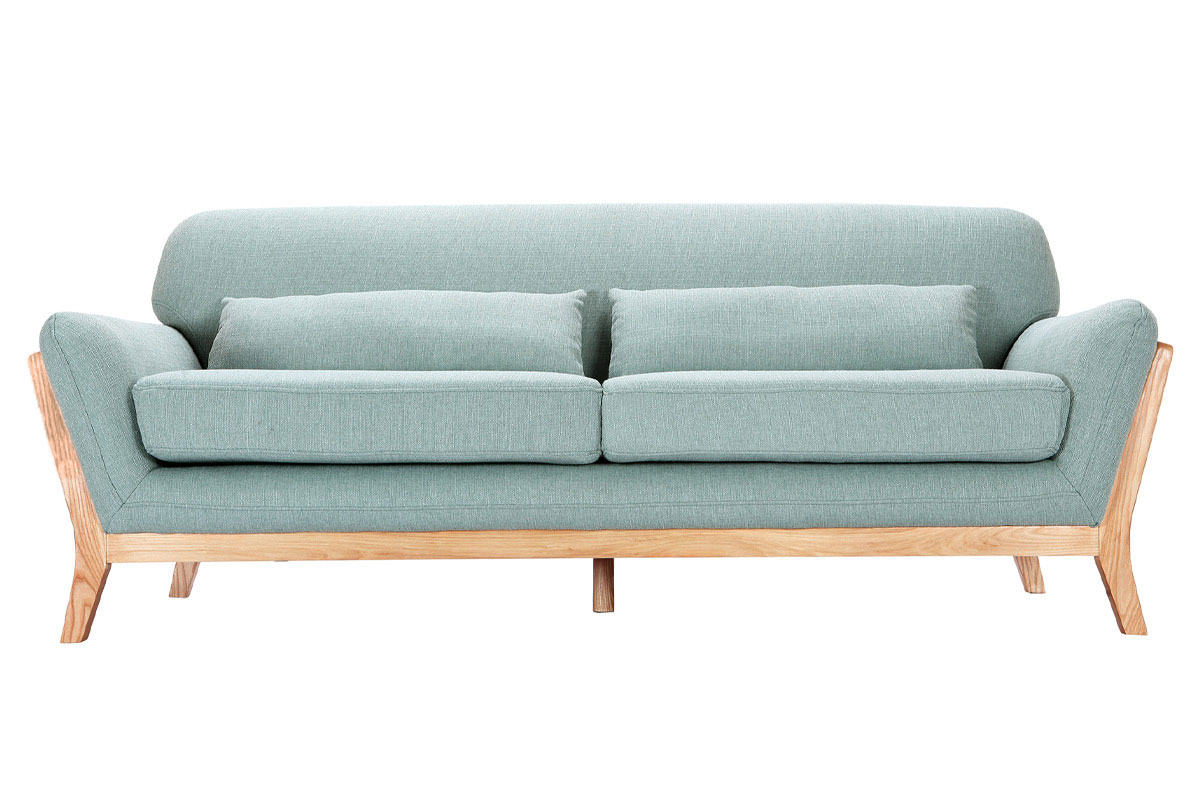 Canapé scandinave 3 places en tissu vert lagon et bois clair YOKO