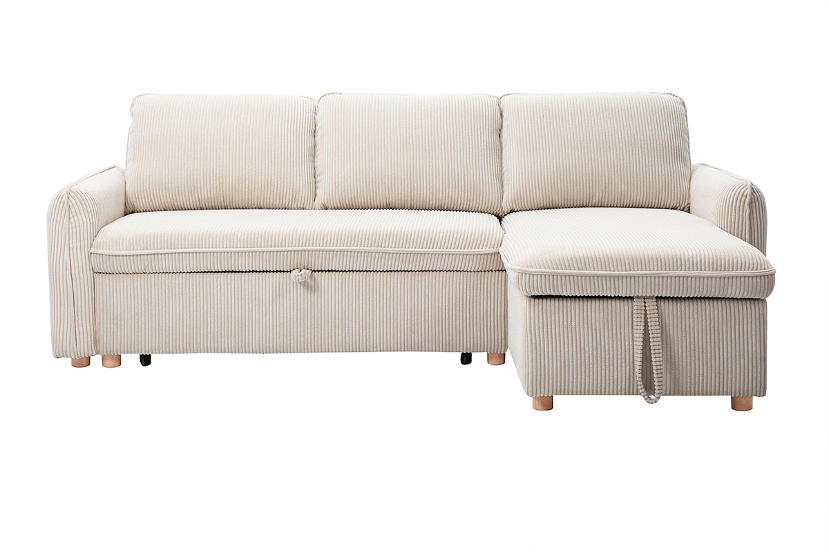 Canapé d'angle convertible réversible avec coffre 3 places en tissu velours côtelé beige et bois clair ORSO