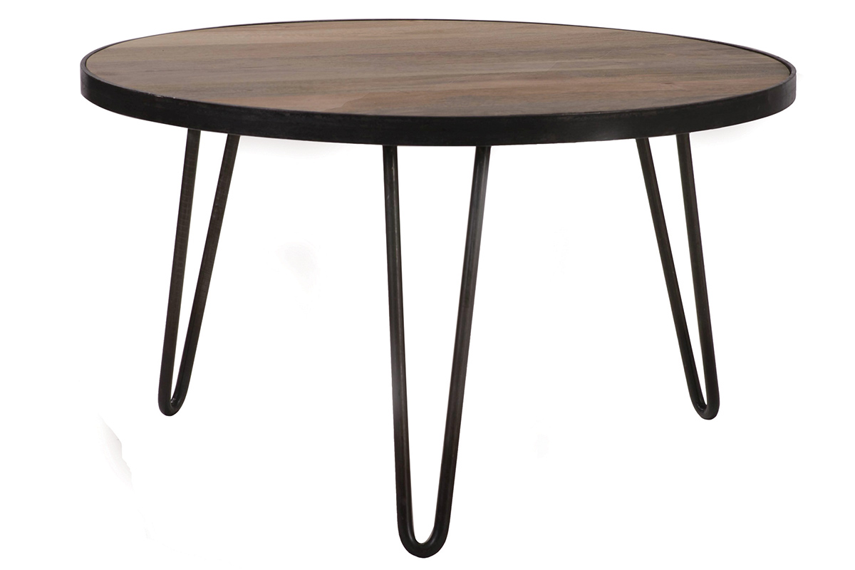 Table basse ronde industrielle bois manguier massif et métal noir L80 cm ATELIER