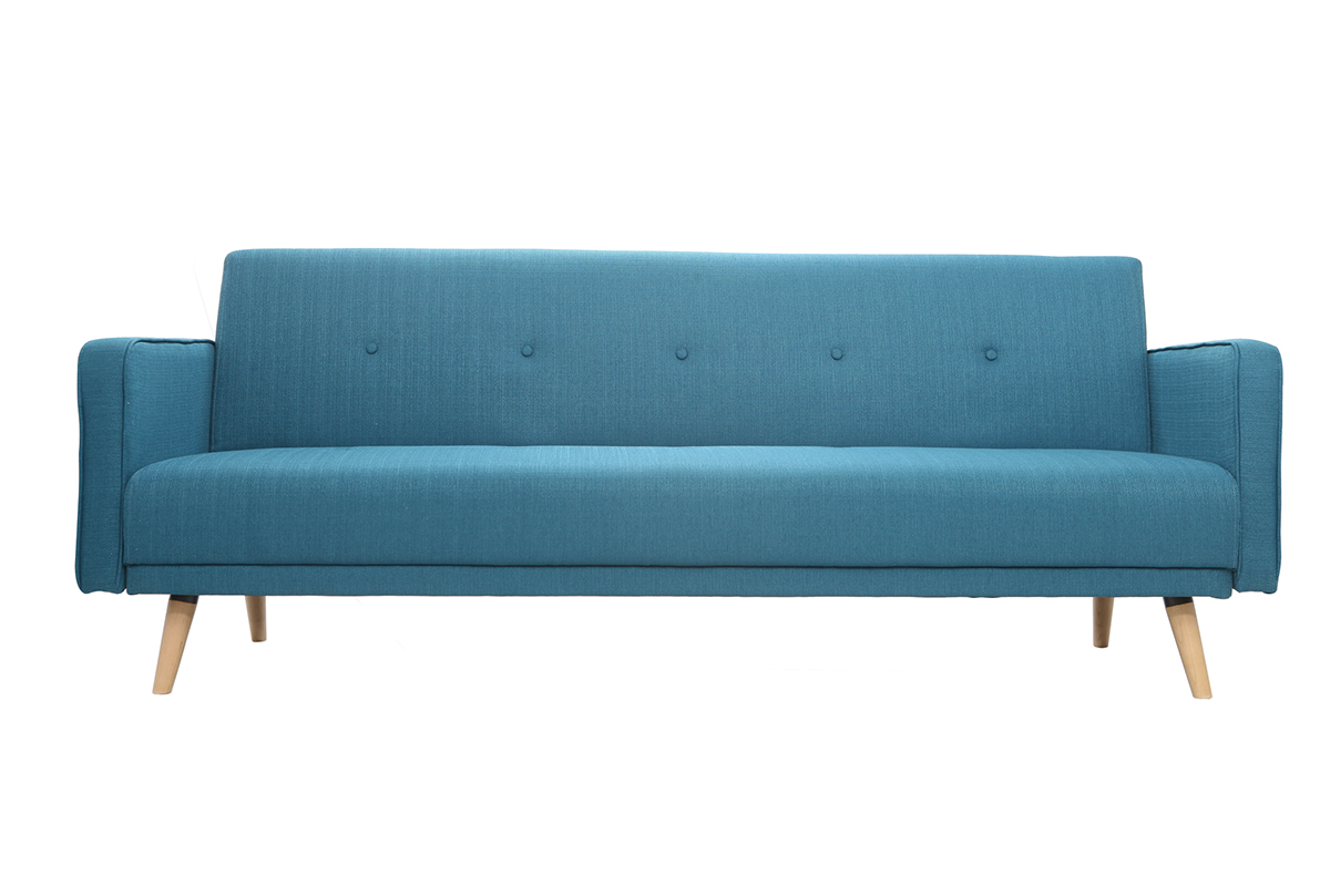 Canapé convertible scandinave 3 places en tissu bleu et bois clair ULLA