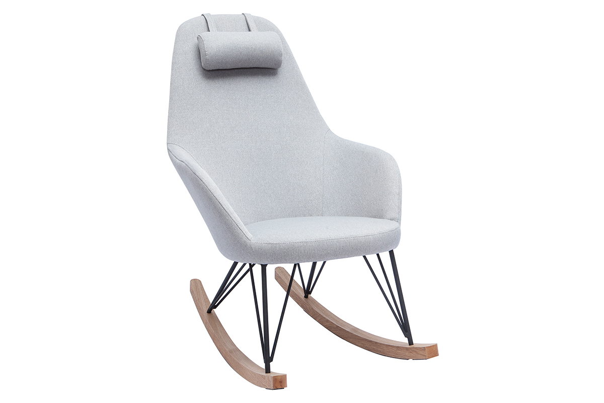 Rocking chair scandinave en tissu gris, métal noir et bois clair JHENE