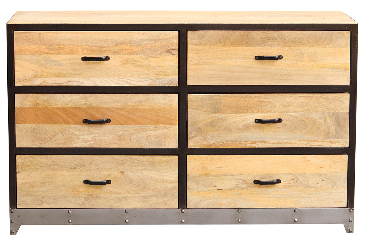 Commode industrielle en bois manguier massif et métal noir 6 tiroirs L130 cm INDUSTRIA