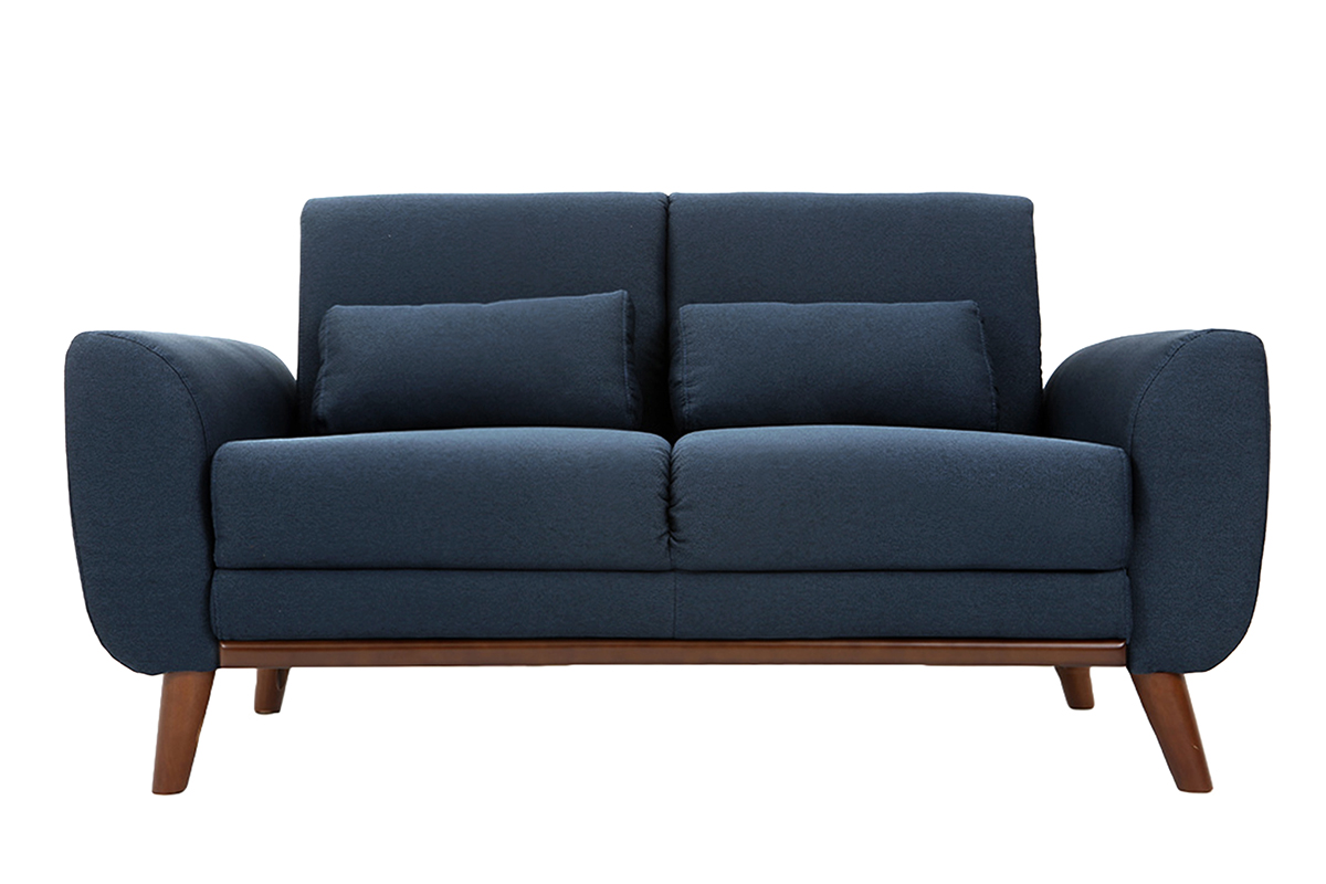 Divano design 2 posti tessuto blu e piedi noce EKTOR