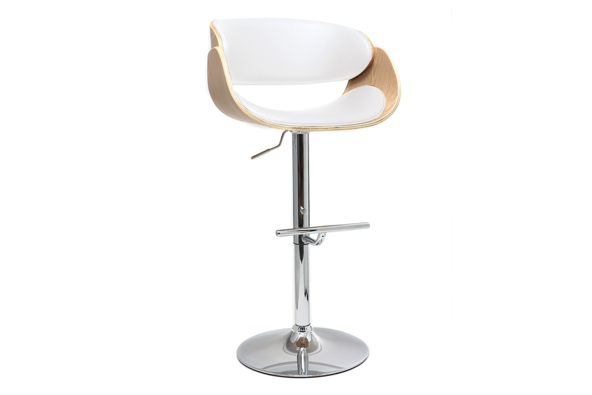 Tabouret de bar design réglable blanc et bois clair BENT