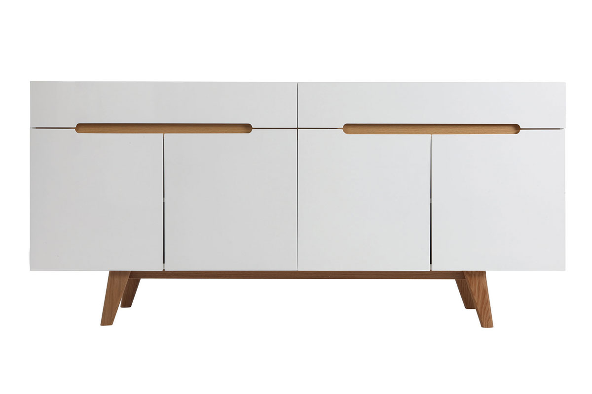 Buffet scandinave blanc laqué brillant et finition bois clair 4 portes 2 tiroirs L180 cm MELKA