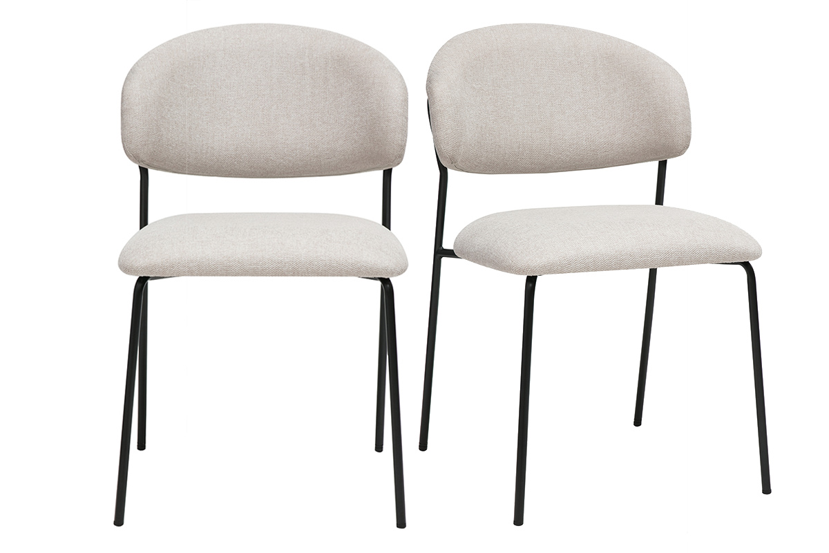 Chaises en tissu effet velours texturé beige et métal noir (lot de 2) BENTA