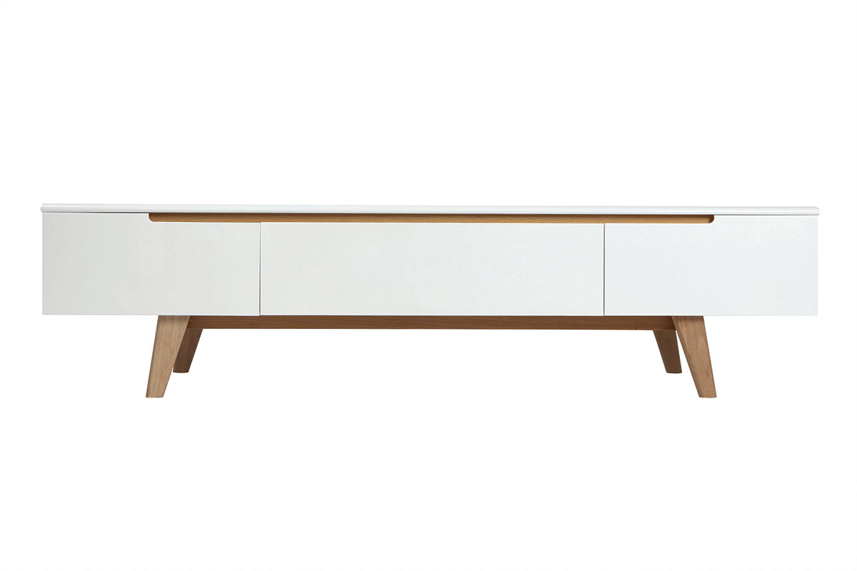 Meuble TV scandinave blanc laqué brillant et bois L180 cm MELKA