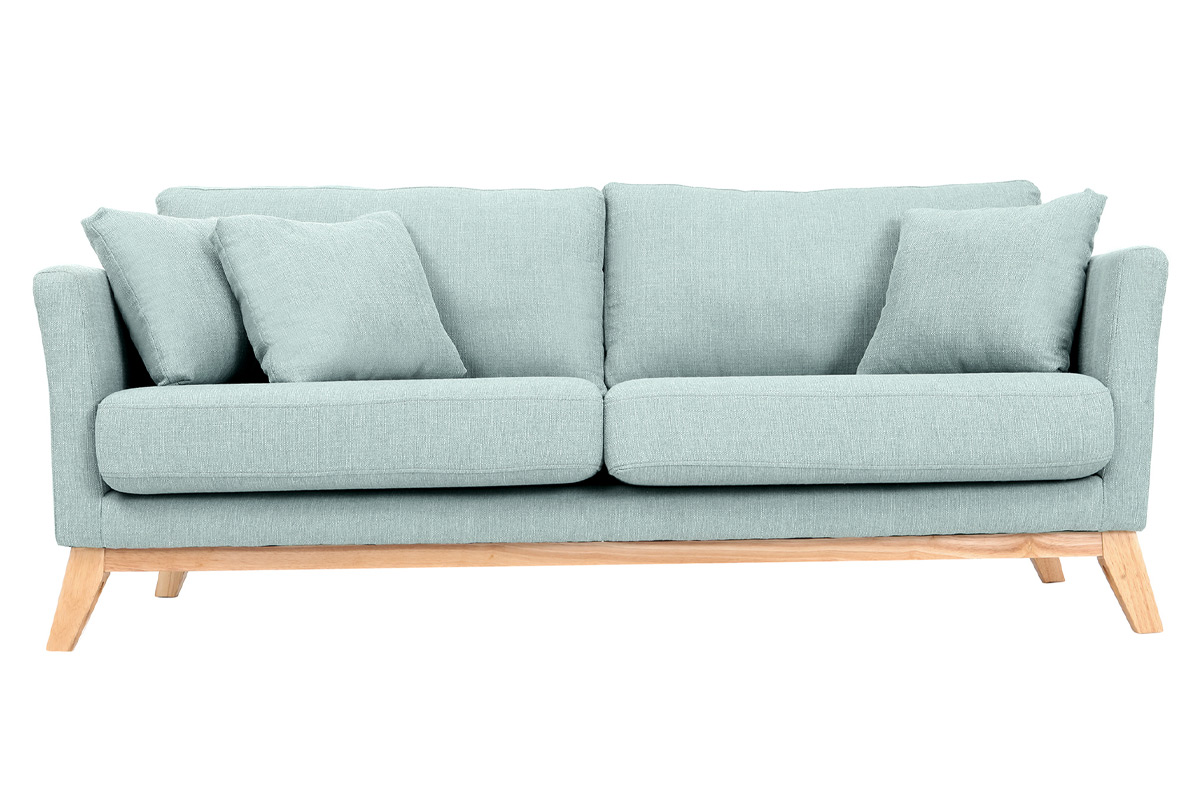Canapé scandinave déhoussable 3 places en tissu vert lagon et bois clair OSLO