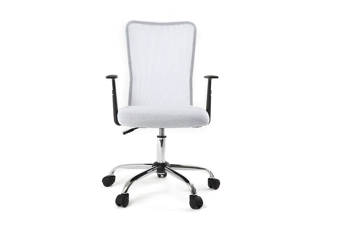 Fauteuil de bureau à roulettes design en mesh blanc et acier chromé PLUZ