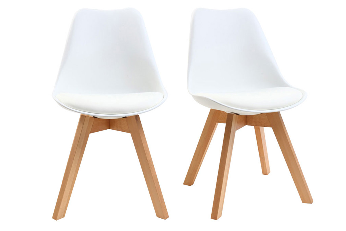 Chaises design blanc et bois clair massif (lot de 2) PAULINE